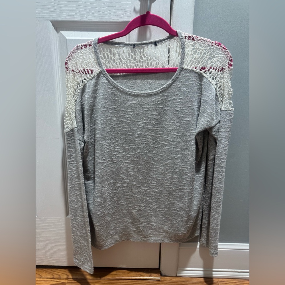 Gray Long Sleeve Top with Lace Detail